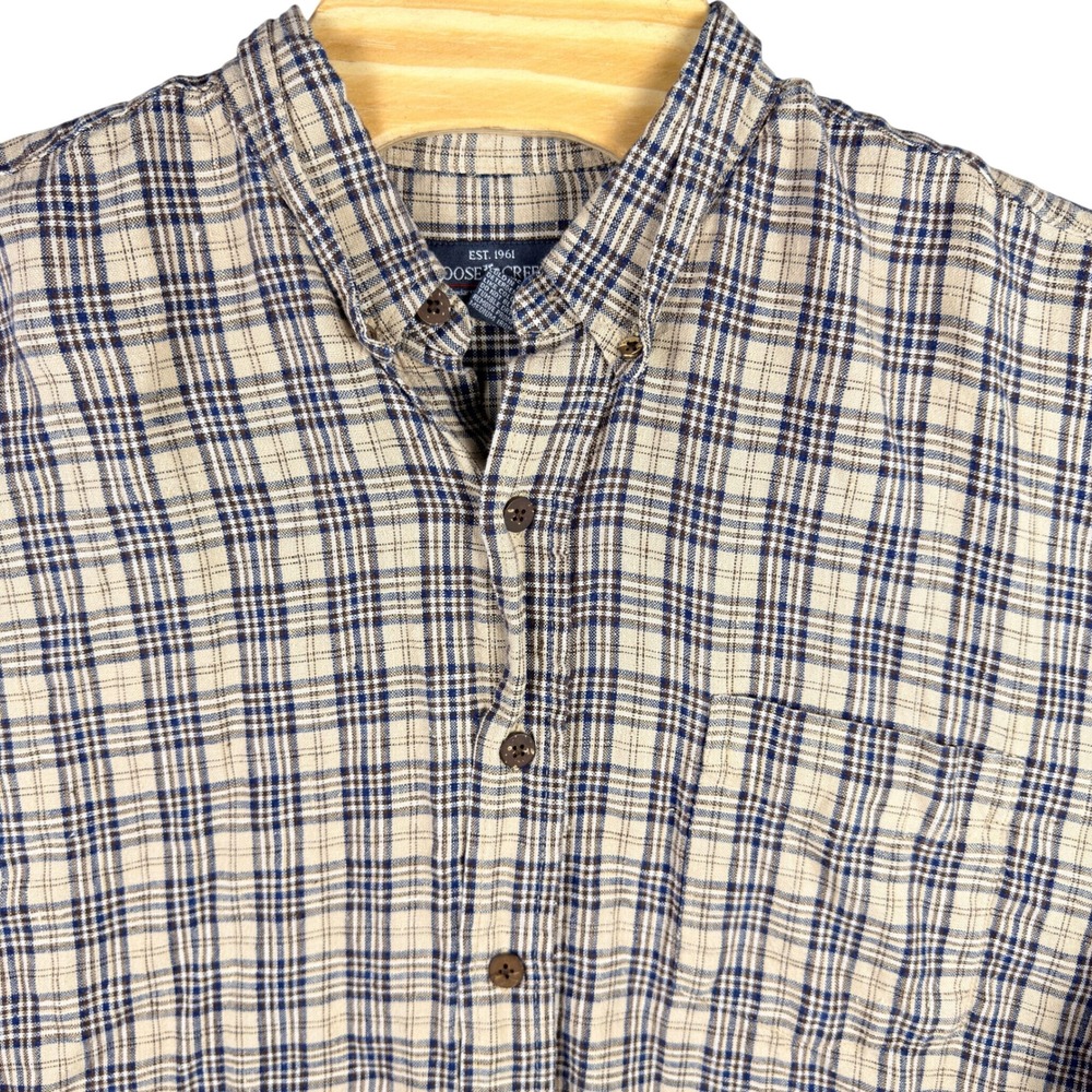 Moose Creek Button Up Linen Shirt Mens XL Tan Blue Plaid Long Sleeve Outdoor
